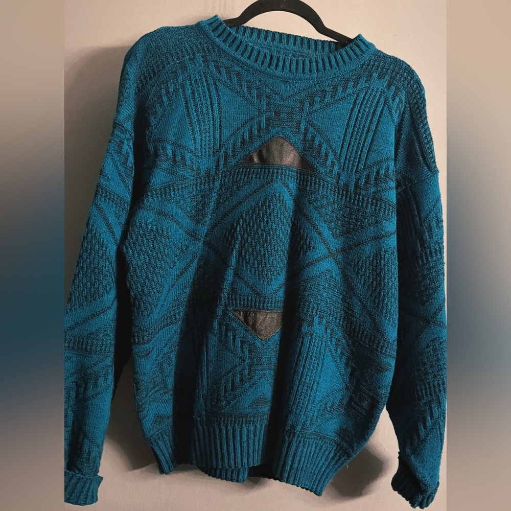 Vintage Teal Geometric Sweater Leather Patchwork Oversized 90s Textured Knit